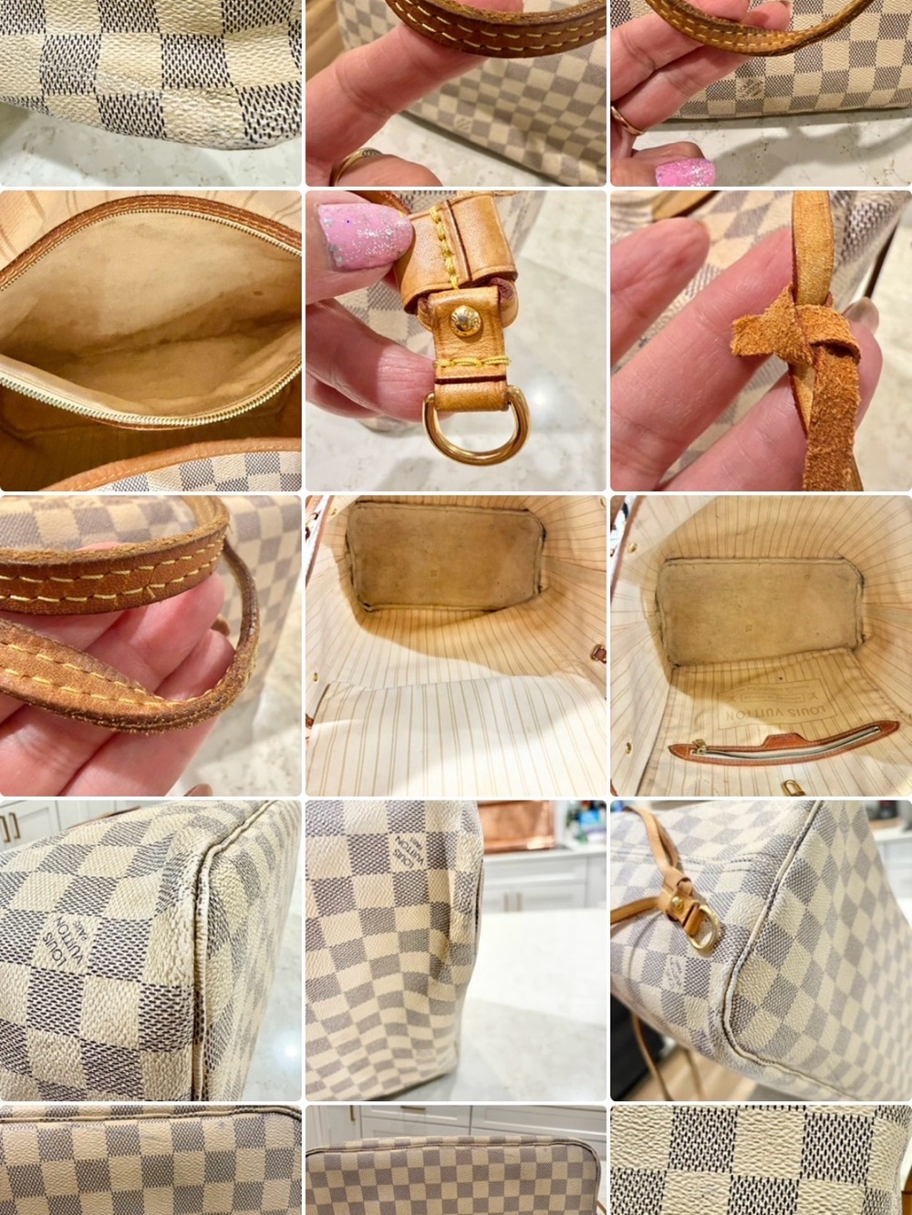 LV Canvas tote bag Checkered Damier Azur 'Neverfull MM' Authentic COA - Picture 4 of 17